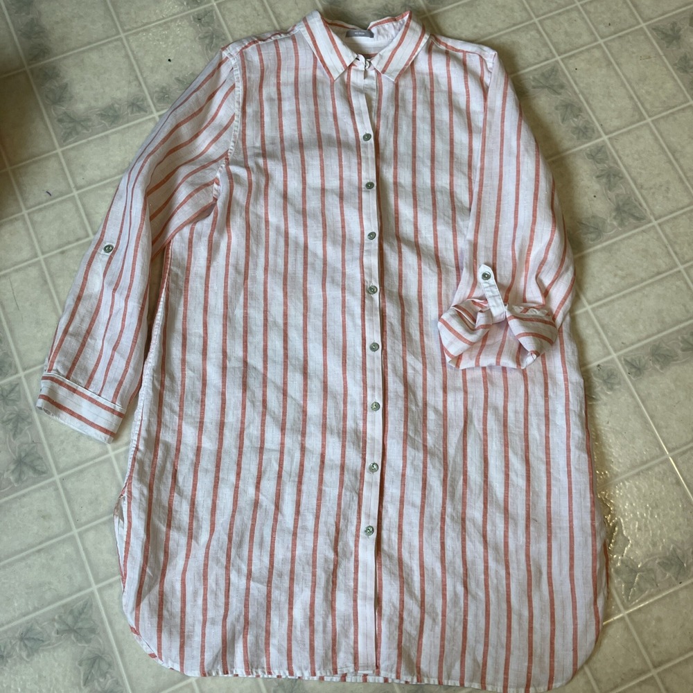 Chico's Sz 3 US XL No Iron Tunic Shirt Dress Linen Blend Coral Metallic Striped